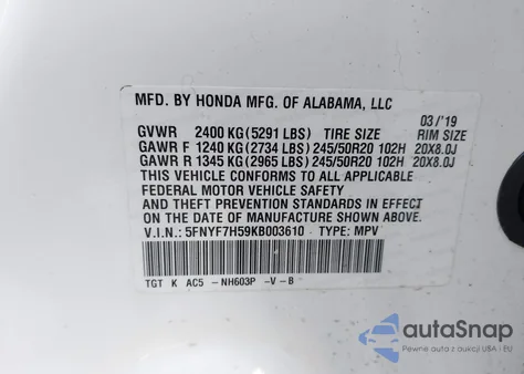 2019 Honda Passport Ex-L из США, поврежденный, VIN 5FNYF7H59KB003610